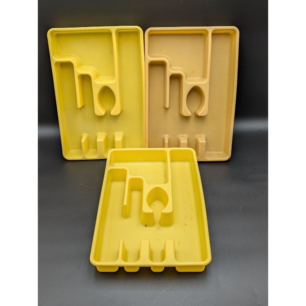 Set of 3 VTG 70's Rubbermaid Utensil Organizer Tray Yellow Mustard 2921 5